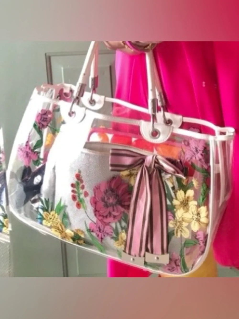 Vintage Y2K Clear Floral Polyvinyl Tote with Leather Handles by Laundry Shelli S